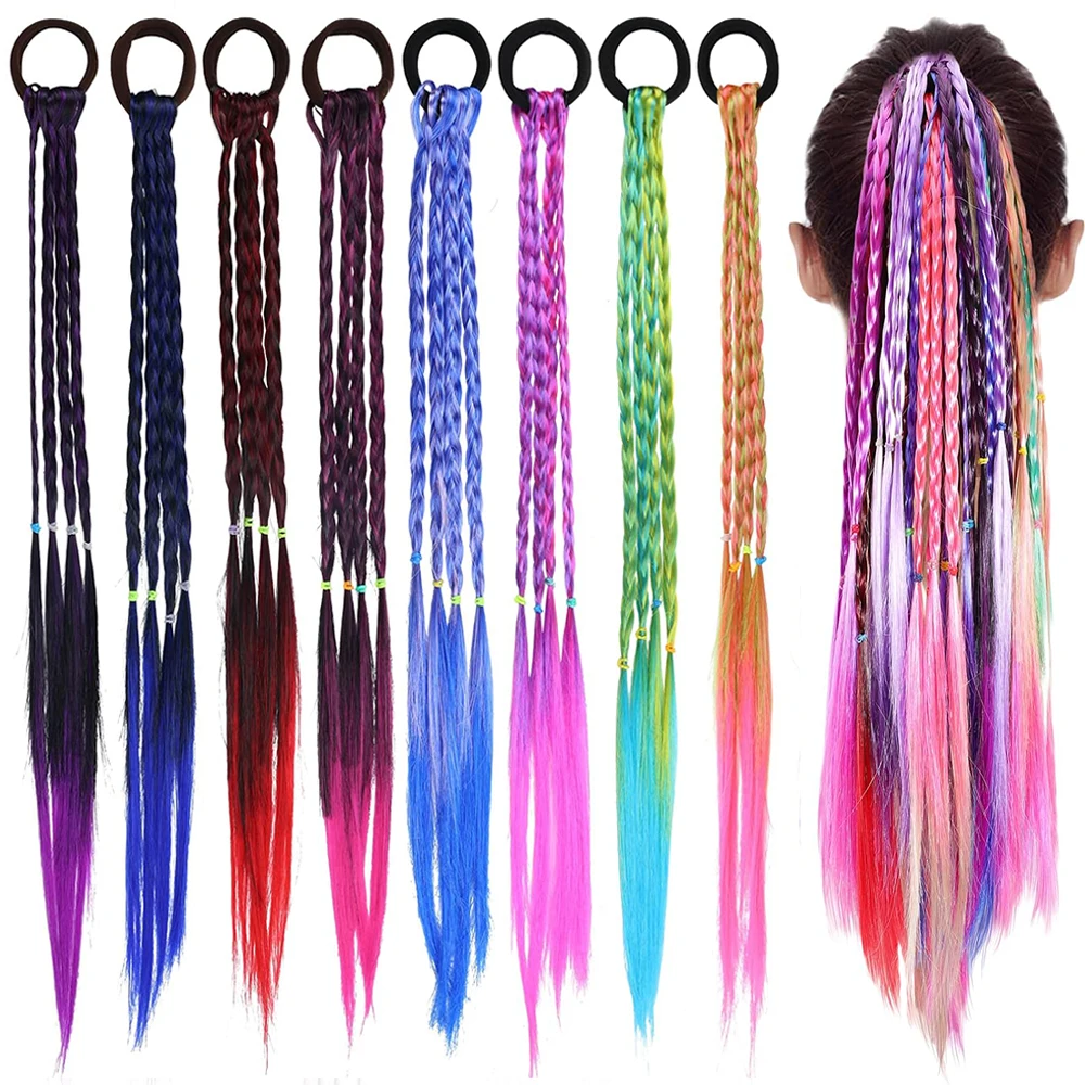 Cute Gradient Color Wig Hair Rope For Girls Elatric Hair Band Fashion Braided Periwig Hair Accessories Jewelry Ponytail Holder