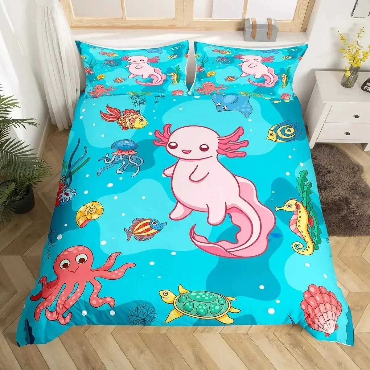 3D Print Cartoon Axolotl 3D Bedding Set Duvet Cover Pillowcases Single Twin Full Queen King Size Home Decor Pillowcase Boys Gift 5