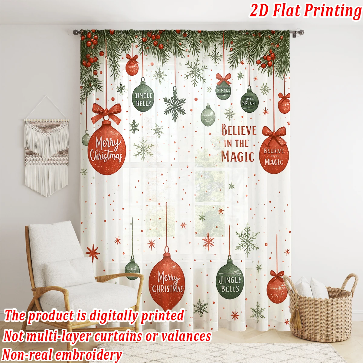 Christmas Flat Printing Sheer Curtain with Christmas Ball Snowflak Pine Branch for Living Room Bedroom Decor Holiday Party