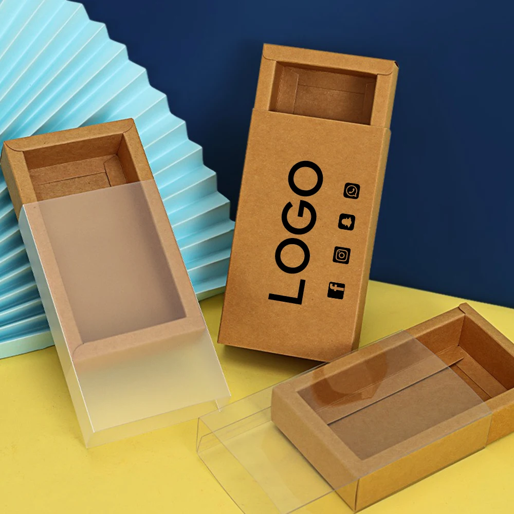 

Customized Logo Folding Cardboard Box with Transparent PVC Window 10/20Pcs Packaging Gift Box Drawer box for Wedding Christmas