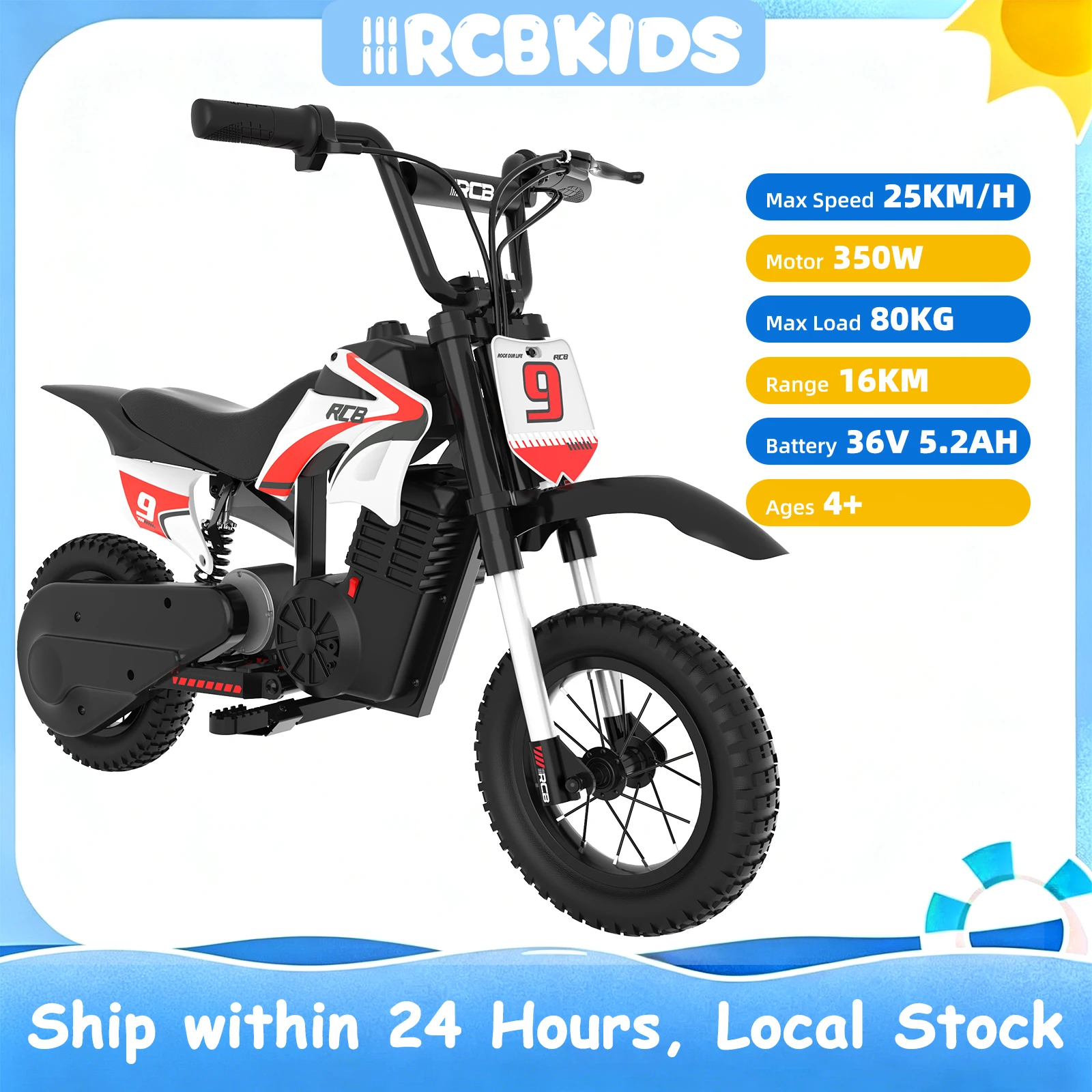 RCB KIDS Elektrisches Kinder Cross Motorrad R9X PRO 350W 36V, 3 Geschwindigkeiten 25km/h, 16km Reichweite, LED Licht, Wiederaufladbar, 6+