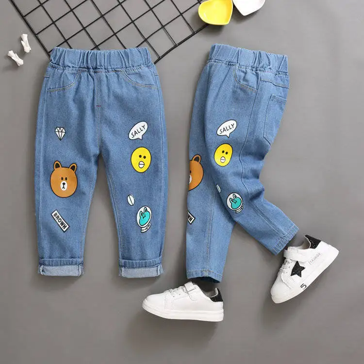 2023 Spring Autumn Girls Cute Cartoon Print Jeans Pant Baby Kids Children Denim Trousers