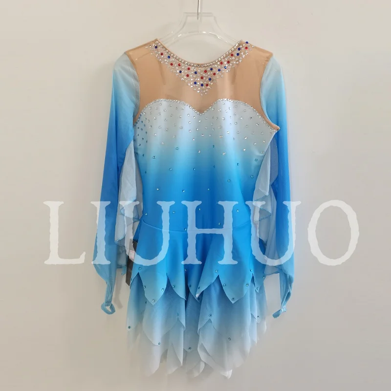 ชุดสเก็ตน้ำแข็ง LIUHUO สำหรับเด็กหญิง ผู้หญิง วัยรุ่น ผ้าสแปนเด็กซ์ยืดหยุ่น สีไล่ระดับน้ำเงิน สำหรับการแข่งขัน ขายส่ง รุ่น BD9156