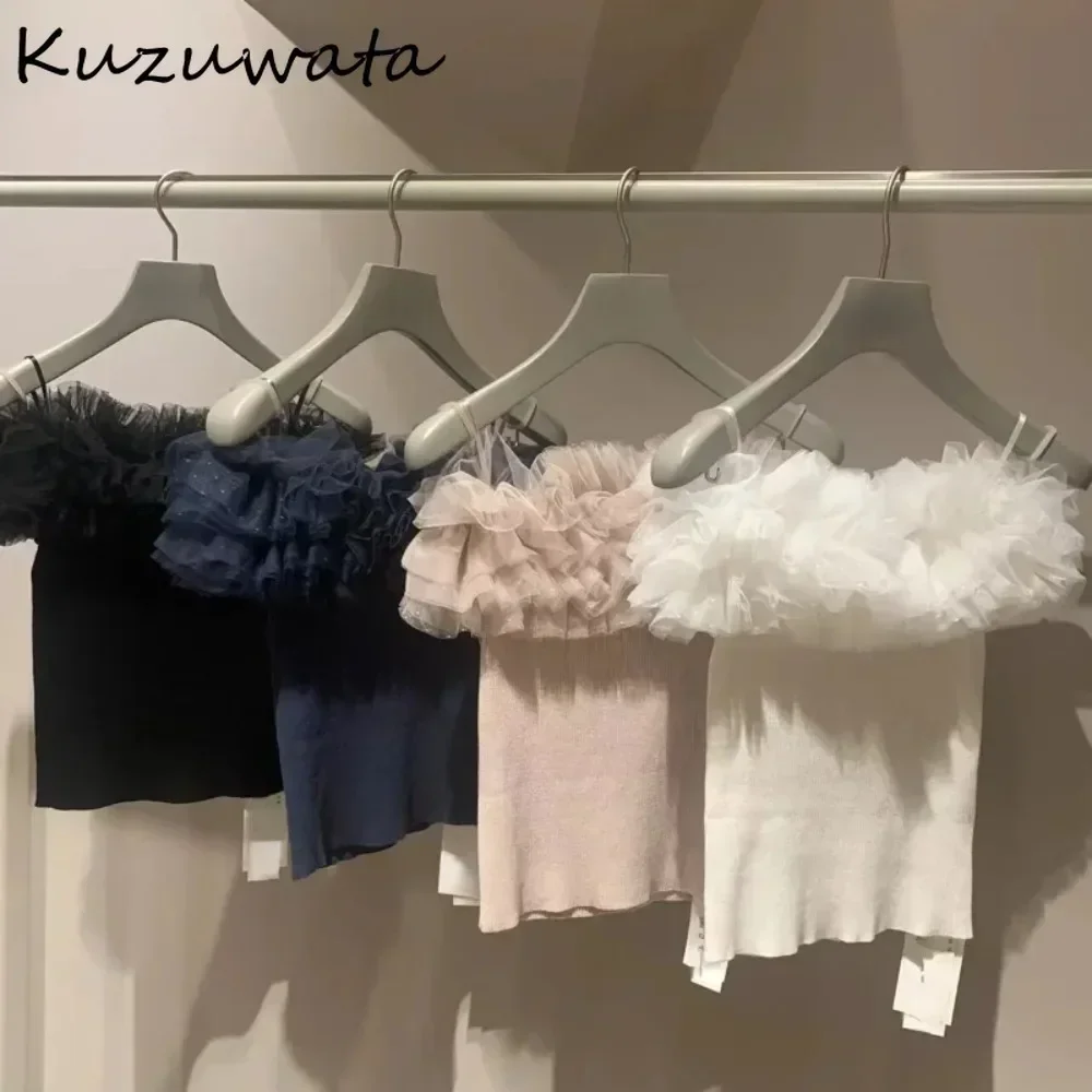 Kuzuwata Sweet Slash Neck Butterfly Sleeve Fresh Knitwear Voile All-match Slim Fit Patchwork Femme Japan Fungus New Casual Tops