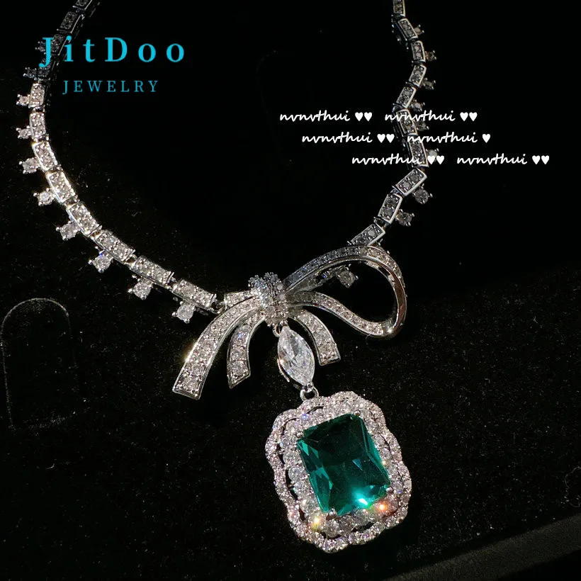 

JitDoo Emerald Bowknot Zircon Necklace Earrings Jewelry Set for Women Party Accessories Zircon Crystal Bridal Wedding Gift