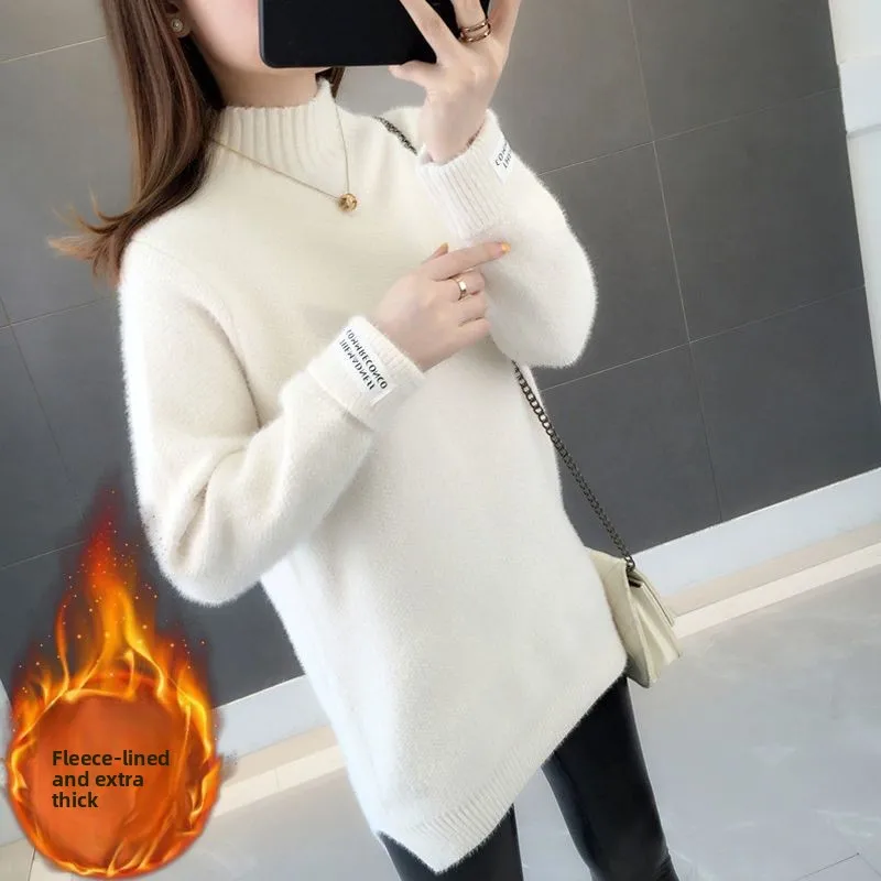 

Women's Fce Lined f High Collar Knitted Sweater mid Length Loose Fit Autumn Winter New Sle Korean Version Base irt