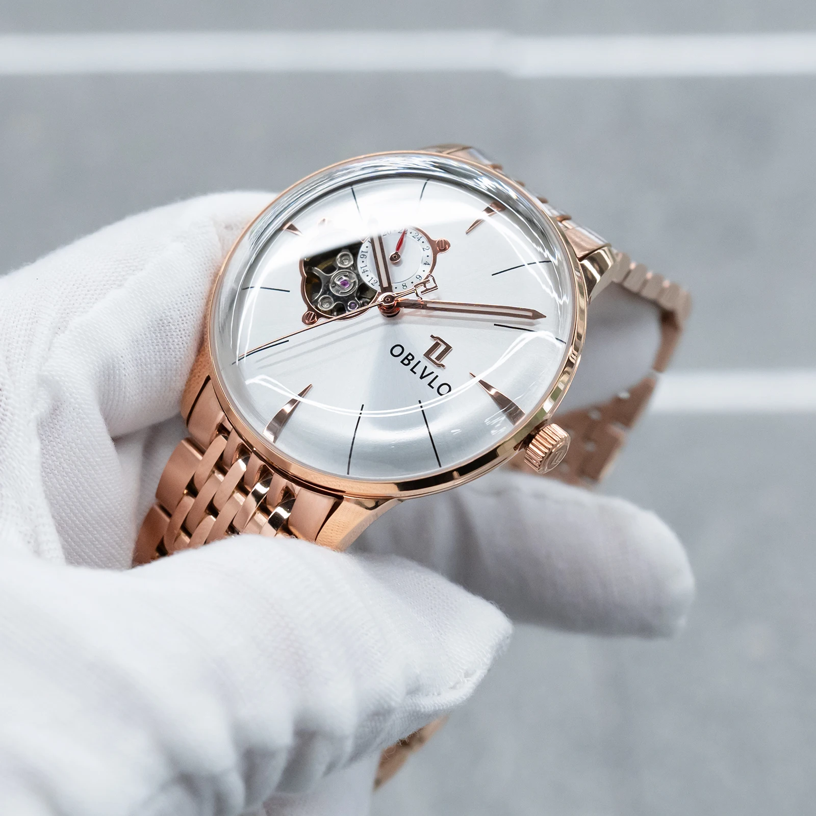 OBLVLO Men's Luxury Skeleton Automatic Mechanical Watch Rose Gold Self-Winding 50m Water Resistant with Bracelet Band NW