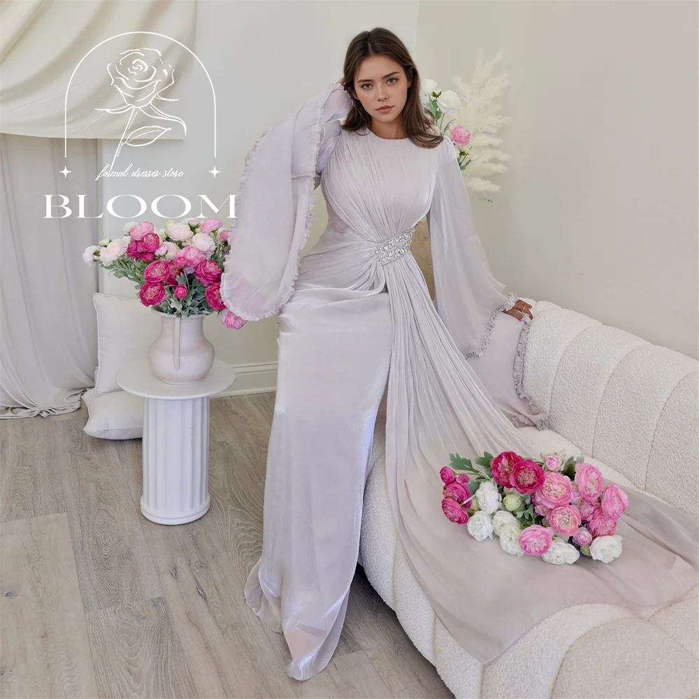 

Bloom Customized O-Neck Straight Everning Gown Long Flare Sleeve Floor Length Ruffles Sparking Party Dress Simple Design Newest