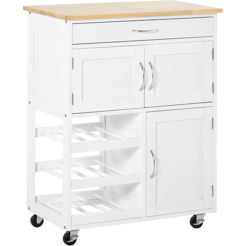 Bar Cart Rolling Kitchen Island on Wheels with 9-Bottle Wine Rack, Small Kitchen Cart with Wide Drawer, Kitchen Storage Cabinets