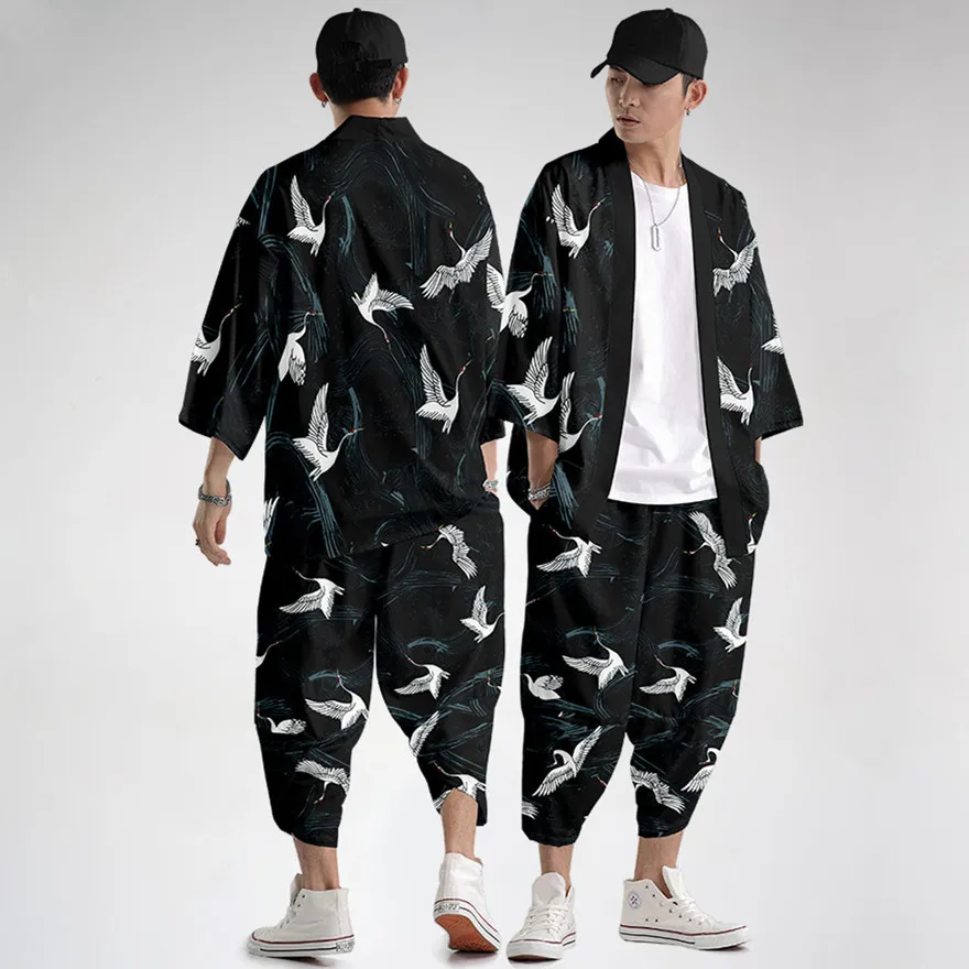 

Two-piece Suit Oversize XXS-6XL Japanese Style Fashion Kimono And Pants Set Men Cardigan Blouse Haori Obi Asian Clothes