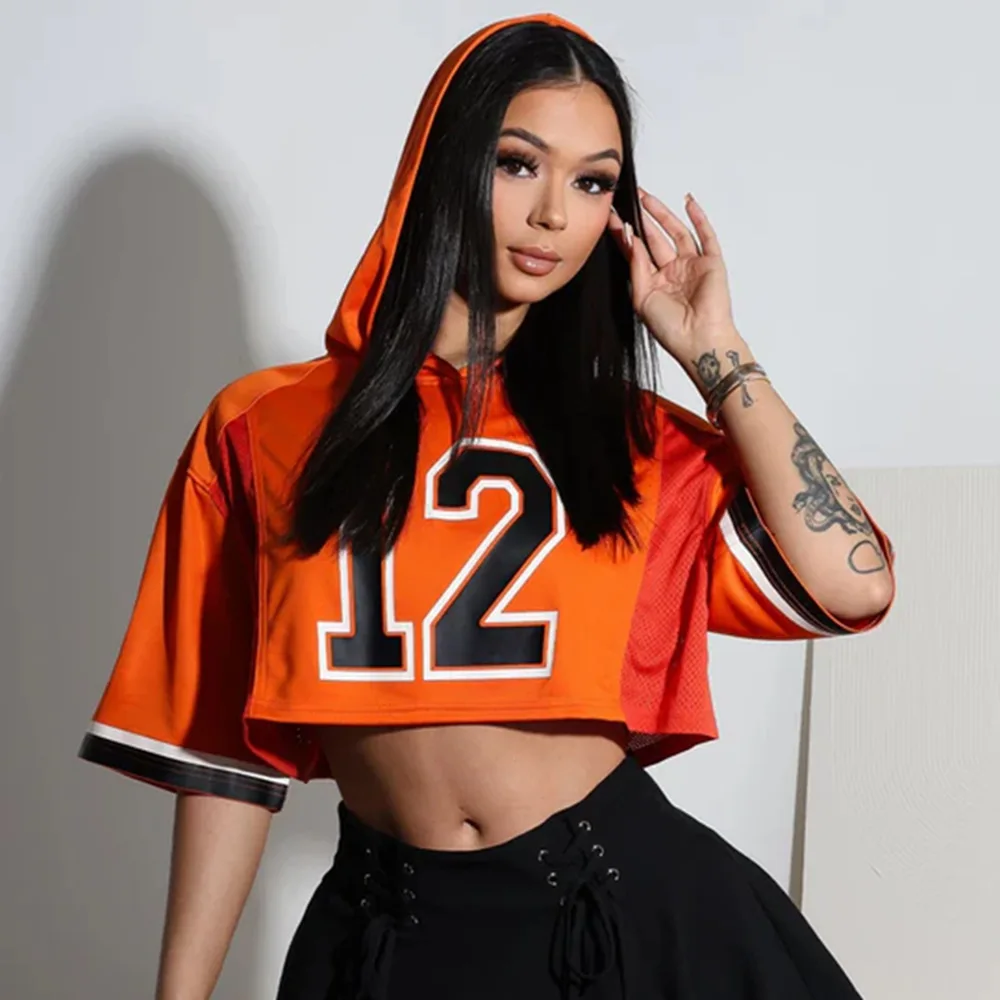 Sexy Hooded Crop Top Sporty Loose Casual Crop Top Summer Short Sleeve Gel Print Crop Top Womens Cropped T Shirt For Women
