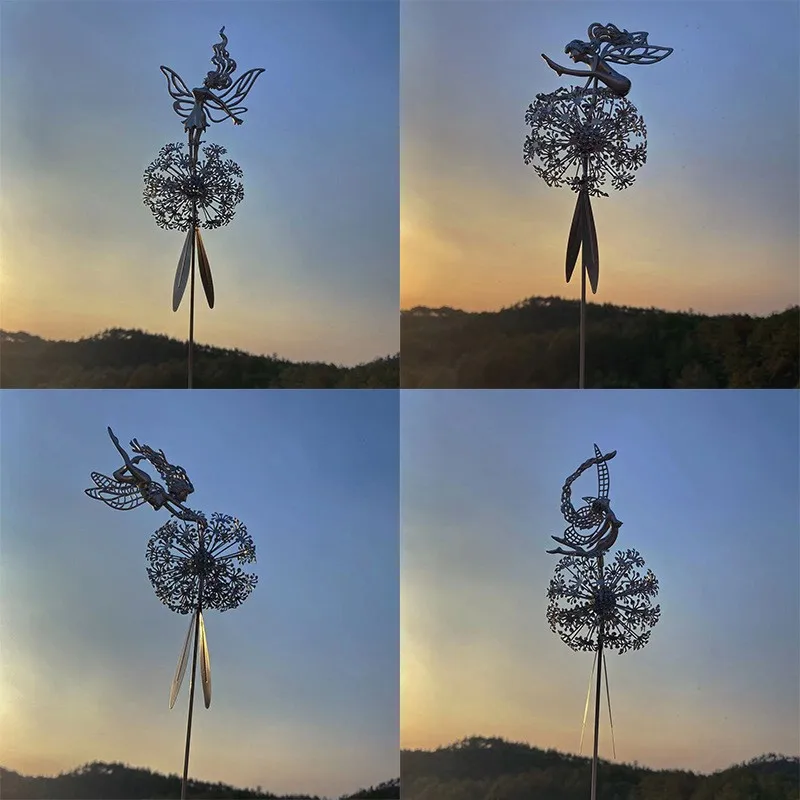 Fairies Angel With Dandelions Flowers Dance,Fairy Garden Decoration Outdoor,Sculptures & Figurines Inserted Soil Metal Craft