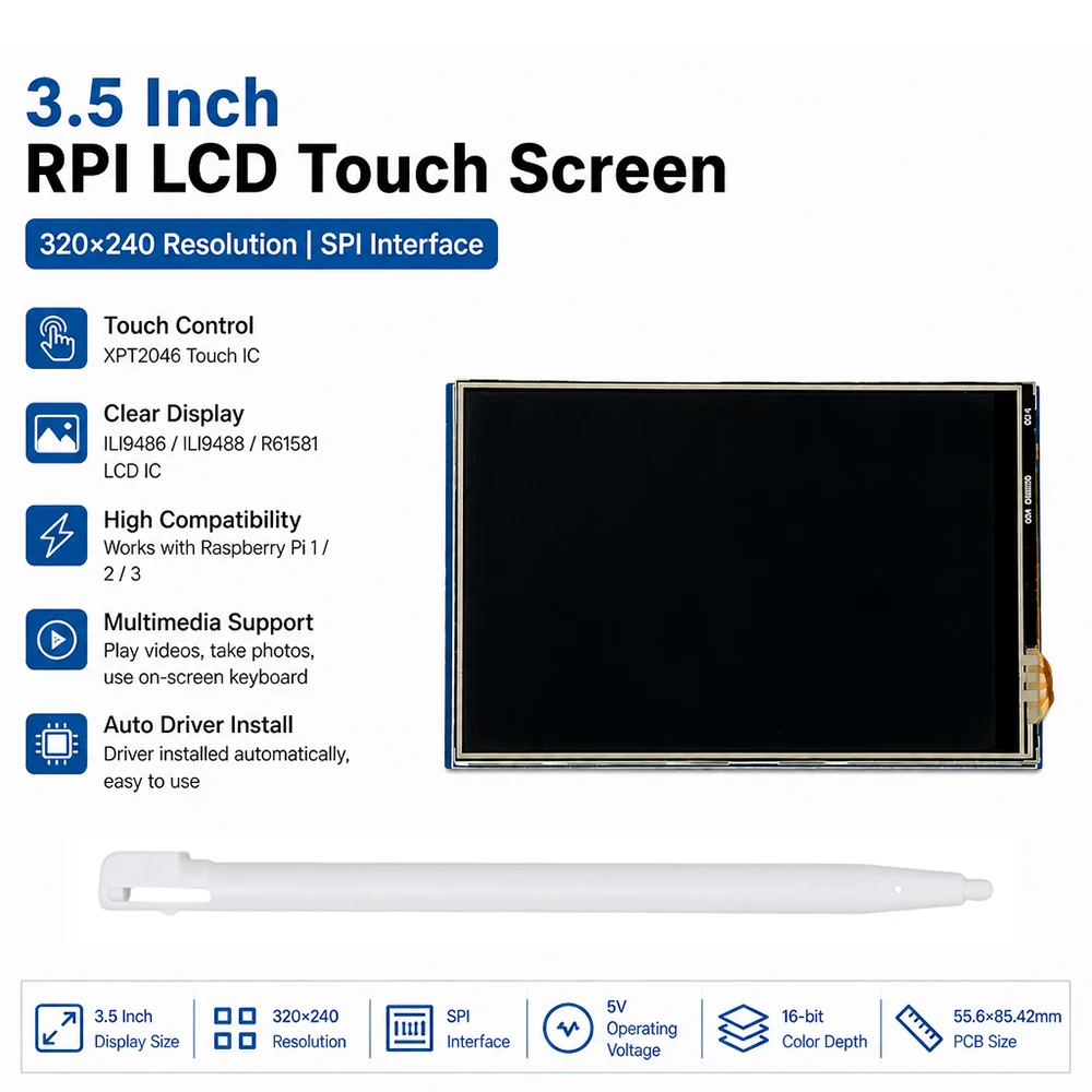 3.5 Inch TFT Touch LCD Display Module 480x320 SPI Interface XPT2046 Touch IC 5V for Raspberry Pi P1 P2 P3 Video Playback On‑Screen Keyboard