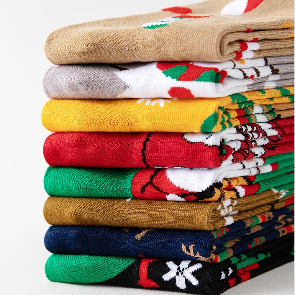 8 par świątecznych męskich skarpet, duży rozmiar, jesień-zima, nowy rok, czerwone skarpety, skarpety do połowy łydki, skarpety dla par, prezenty świąteczne, Święty Mikołaj C