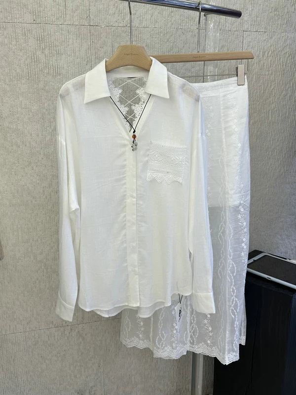 

Elegant Lace Hollow out Mesh Shirt And Skirt Set Women's Fashion Spring 2026 Long Sleeve Mid-Length Shirt Two-Piece Set
