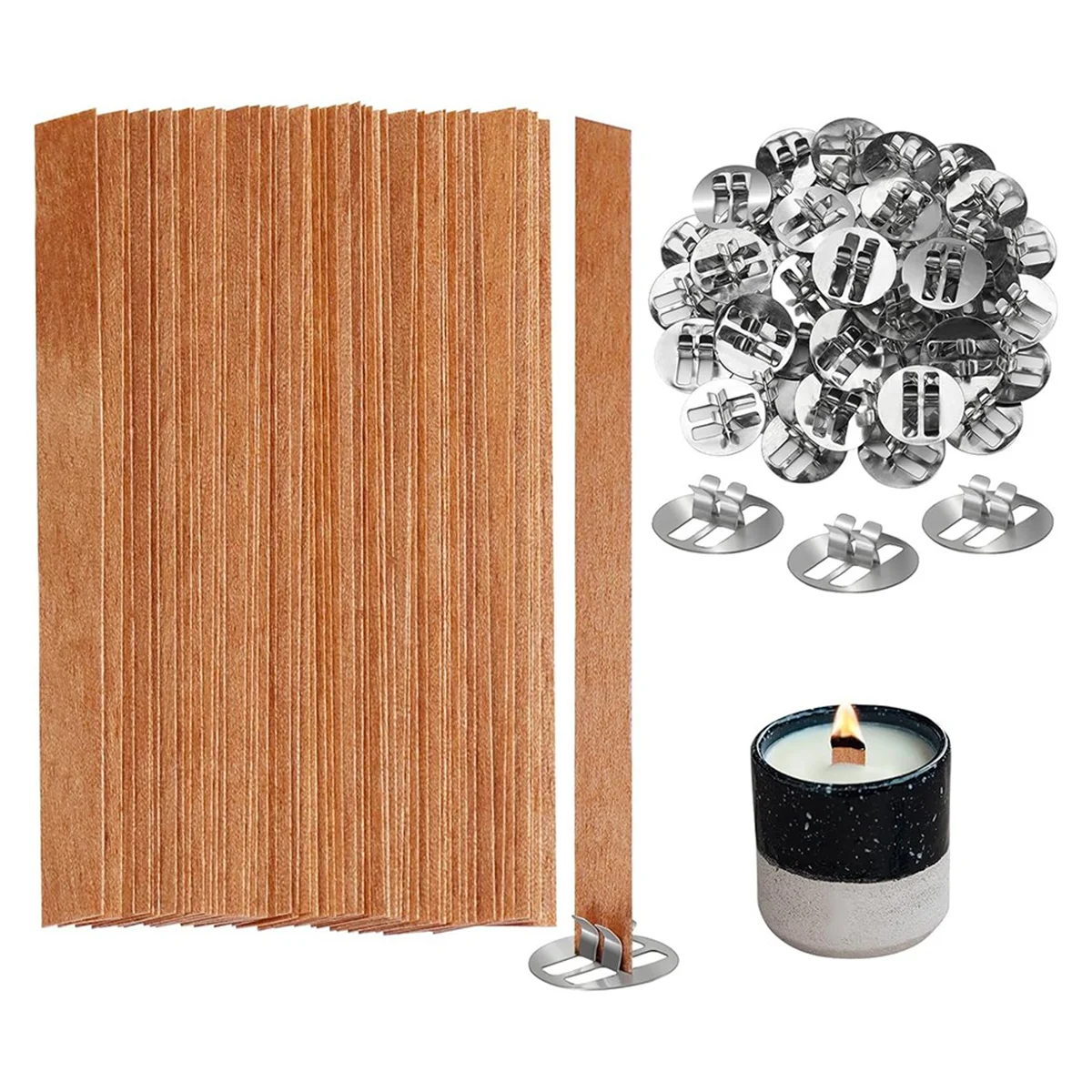 Wooden Candle Wicks,100 Wooden Wicks for Candle Making, Wooden Wicks+Metal Clips for Candle Making,Candle DIY Craft A