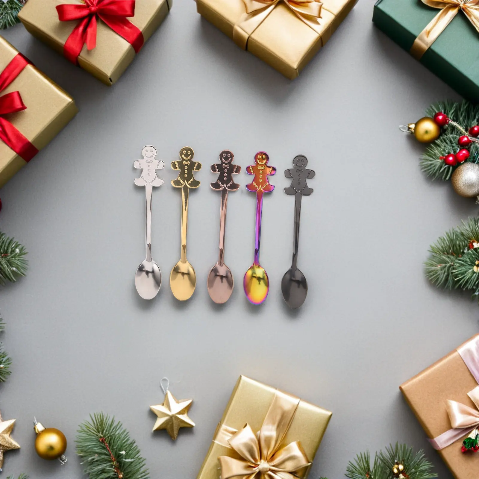 10Pcs Festive Gingerbread Teaspoon Set Stainless Steel Christmas Coffee Stirrers for Mixing Drinks Hot Chocolate Cappuccino