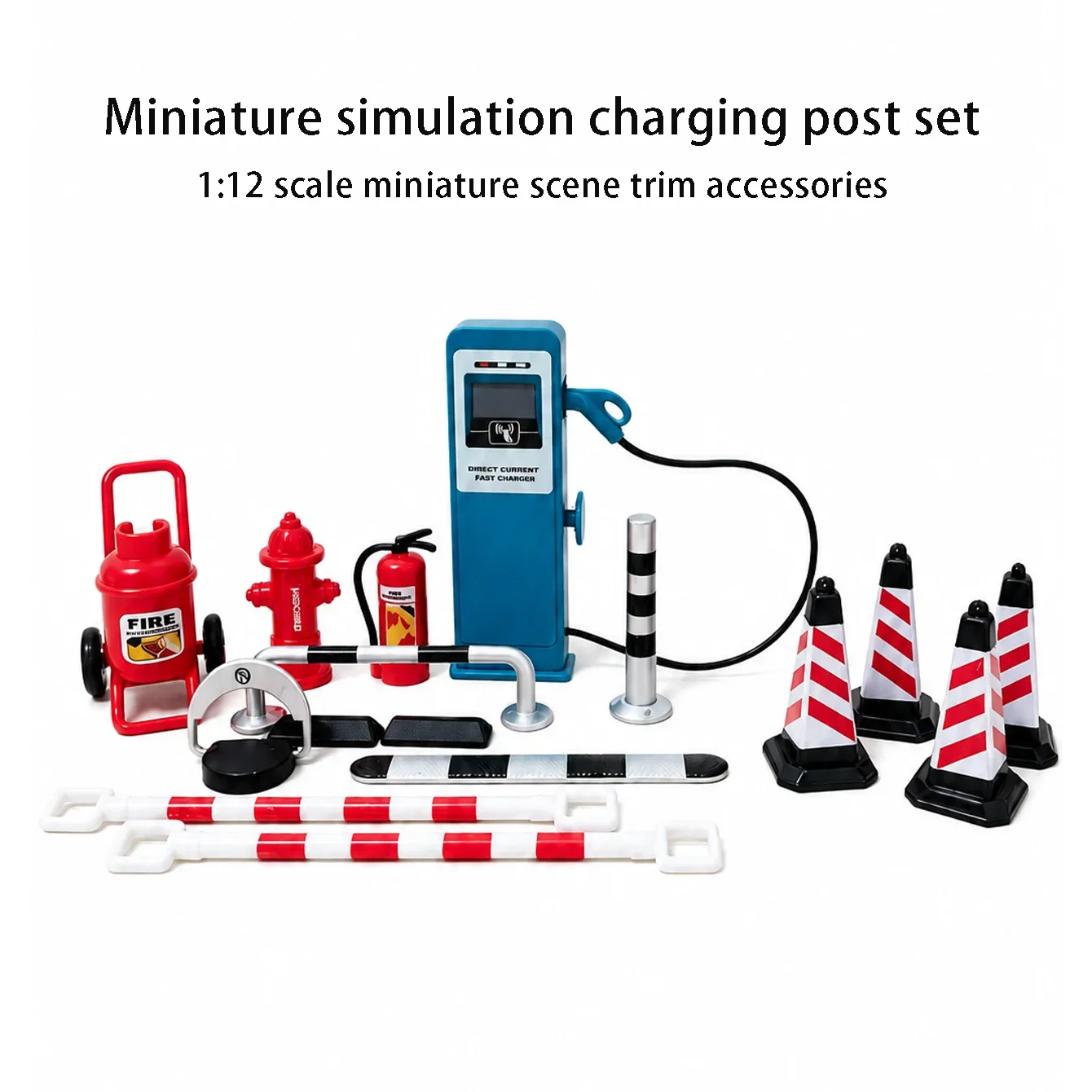 1:12 Miniature EV Charging Station Set Dollhouse Parking Scene Accessories with Traffic Cones Barrier Fire Hydrant