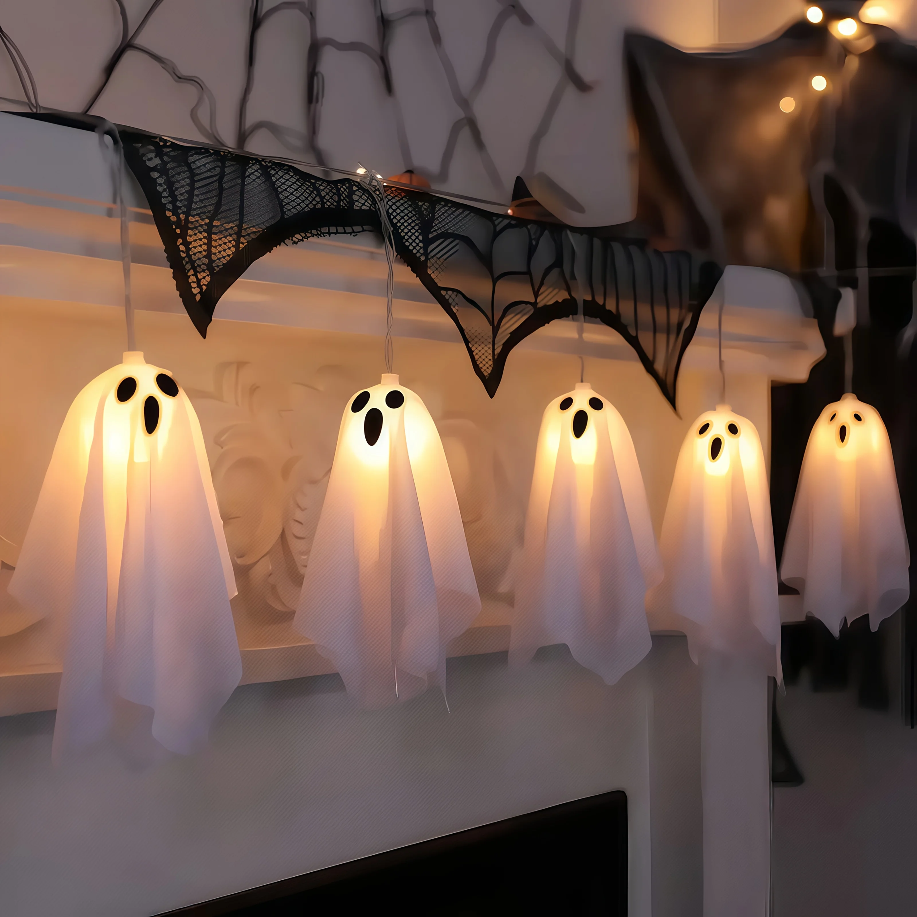 Airy Tulle Ghost Shaped Halloween String Lights, Fabric Floating Spirit Illuminated Decor Lights For Bedroom Eve Scene JJ2398 JK