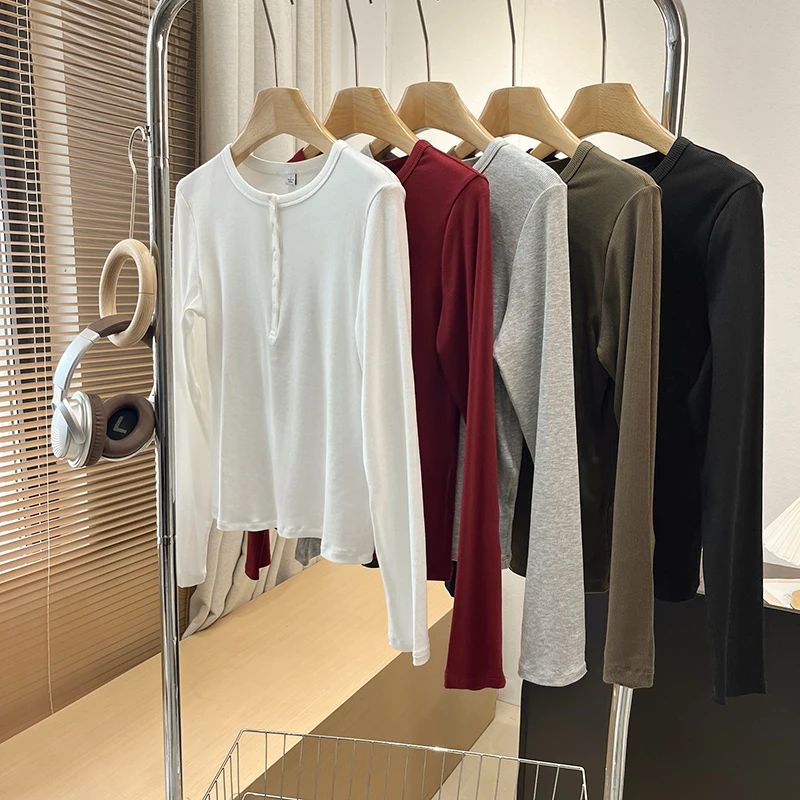 Capa Base versátil irt Henry Collar f frente abierto acanalado elástico ajustado largo Sve camiseta mujer otoño Casual Sle