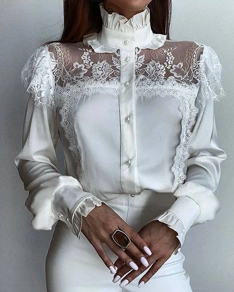 Women Lace Solid Color Casual Shirt White High Collar Mesh Lace Stitching Stringy Ruffles Shirt Top Blouse New