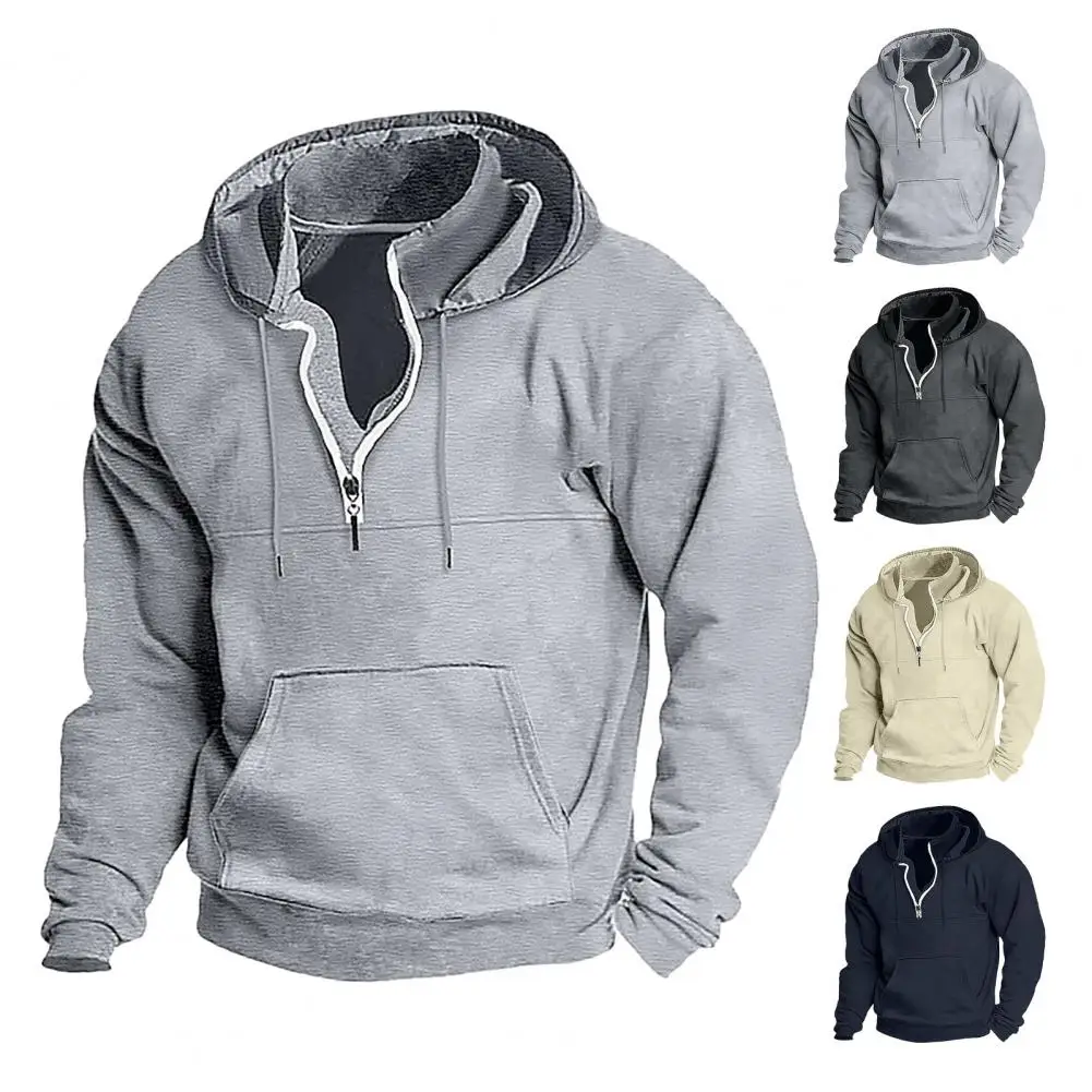 Men Loose Fit Hoodie Retro Solid Color Men's Hoodie with Zipper Decor Drawstring Soft Warm Long Sleeve Pullover with Big Patch