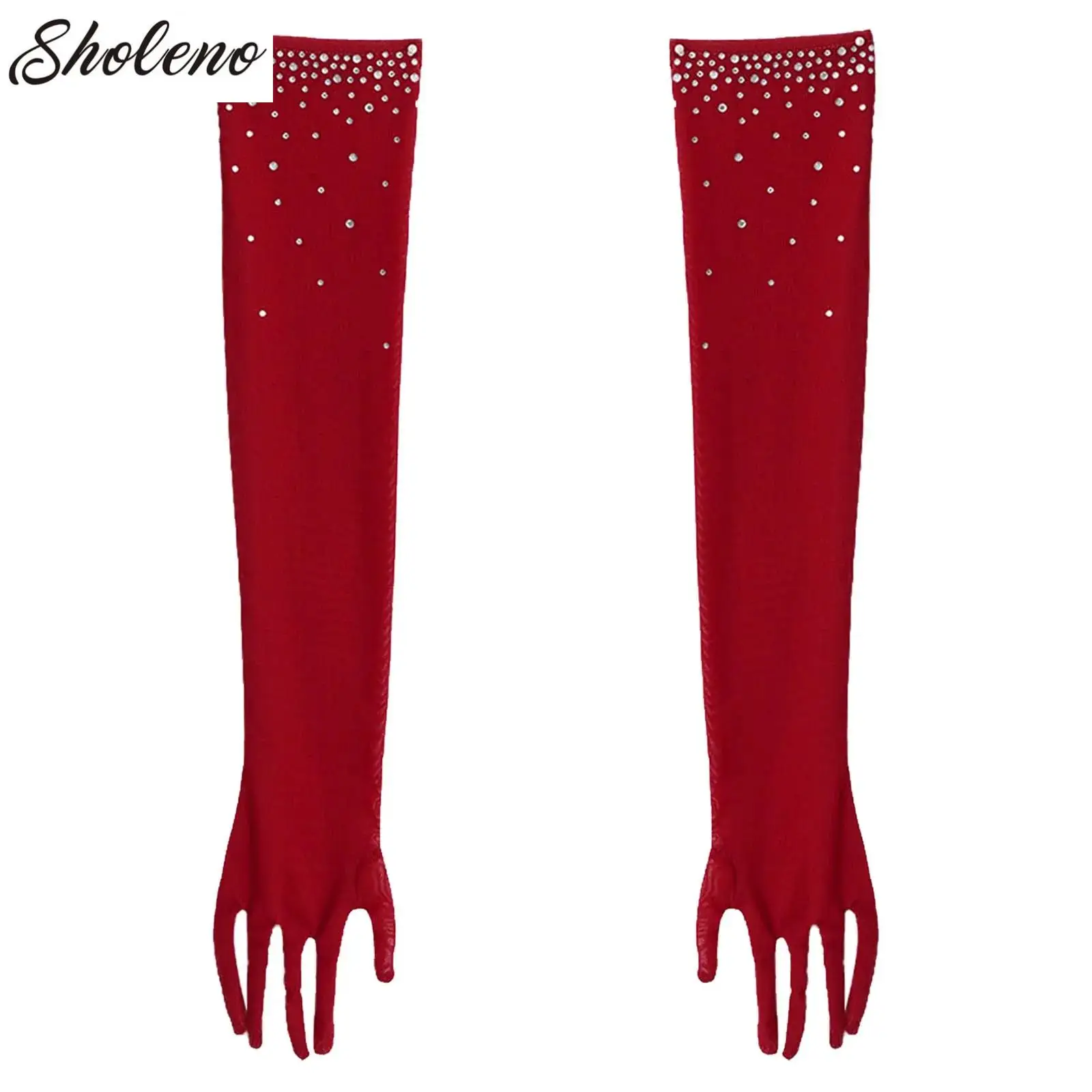 

1Pair Latin Dance Gloves Kids Girls Competition Rhinestone Gloves Five-Finger Full-Length Mesh Mittens Party Costume Accessories