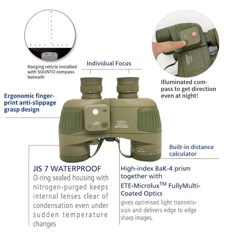 Marine navigation waterproof binoculars 7X 50 10x50 binoculars with rangefinder and compass