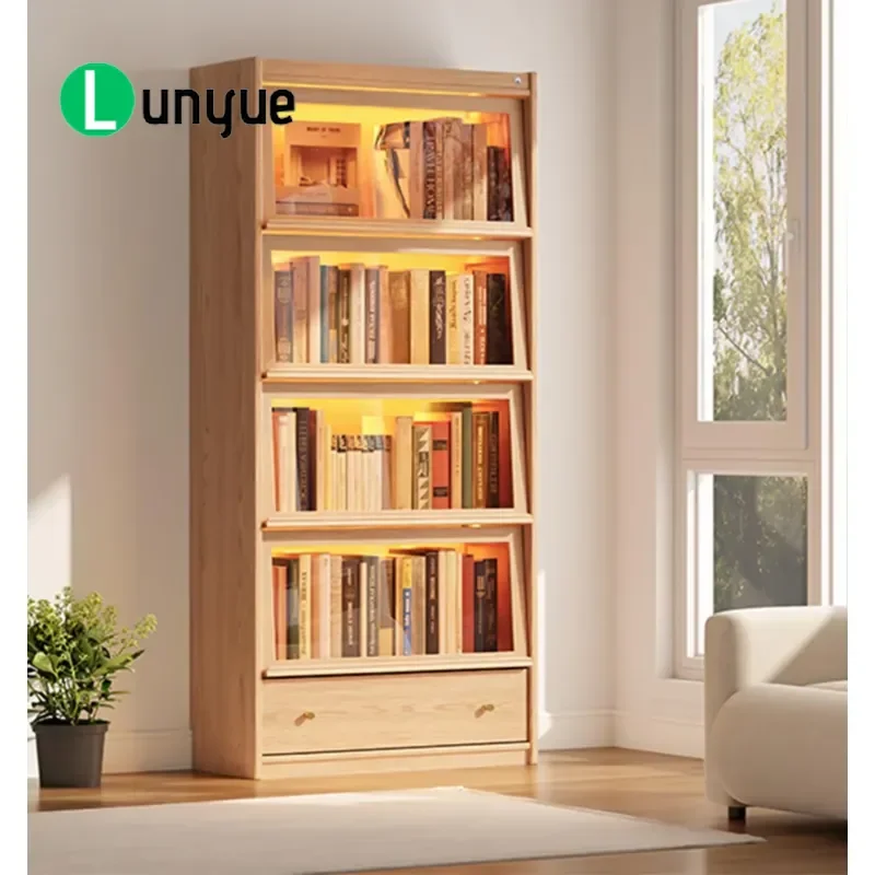 74 Inch Tall Solid Wood Bookcase with Glass Doors 3 Color LED Lights 5 Layer Wooden Shelves Storage Cabinet for Living Room