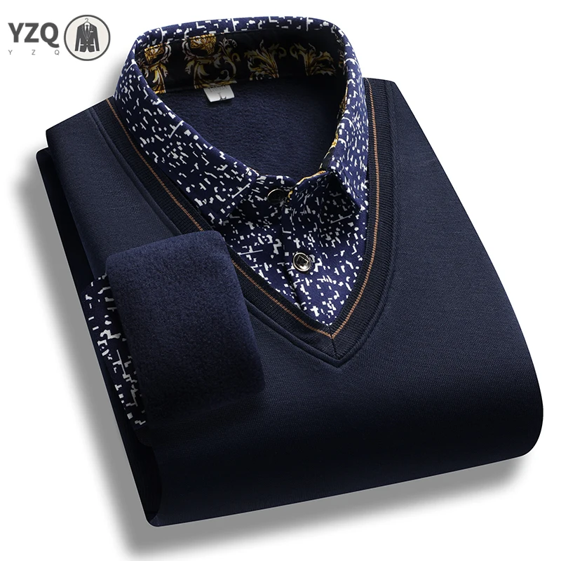 Autumn Winter Men Fake Two Piece Sweater Fleece Lined Printed Shirt Collar V Neck Trim Casual All Match Long Sleeve Top