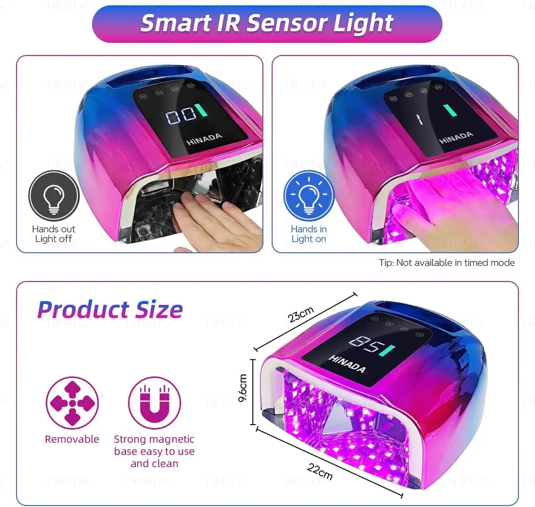 مصباح أظافر LED بالأشعة فوق البنفسجية قابل لإعادة الشحن بقدرة 96 وات مع مستشعر ذكي، معالجة سريعة لجميع أنواع الجل، 4 أوضاع للمؤقت، محمول للمنزل أو السفر