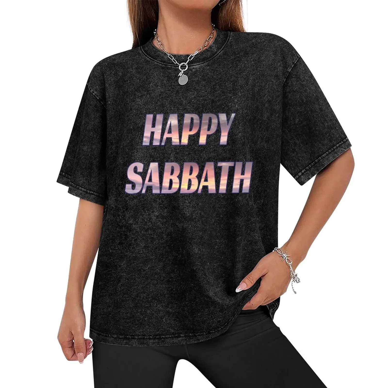 Happy Sabbath Sunset Text Art - Two Lines - Adventist Sabbath Greeting T-Shirt sweat tops t shirt men 100℅ cotton