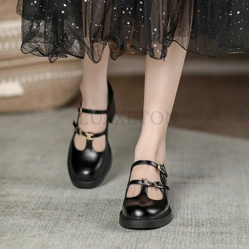 Shoes for Women Fashion Buckle Women\'s Pumps Autumn Mary Jane Round Toe Shallow High Heel Pump Female Dress Chunky Heels
