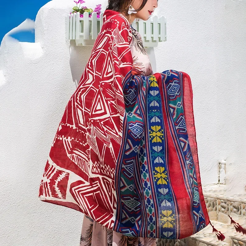 Four Seasons Available Retro Ethnic Style Sunscreen Shawl Women's Red Cotton and Linen Thin Scarf Air-conditioned Room Tassel