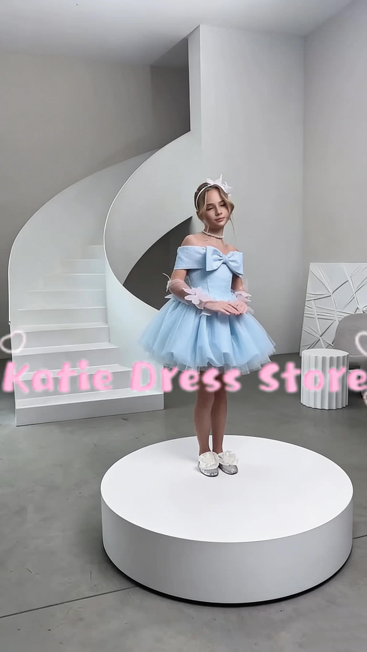 

Небесно-голубое платье для девочек на свадьбу, из тюля, пышное, с открытыми плечами, элегантное, для детского дня рождения, первого причастия, бальное платье, на заказ