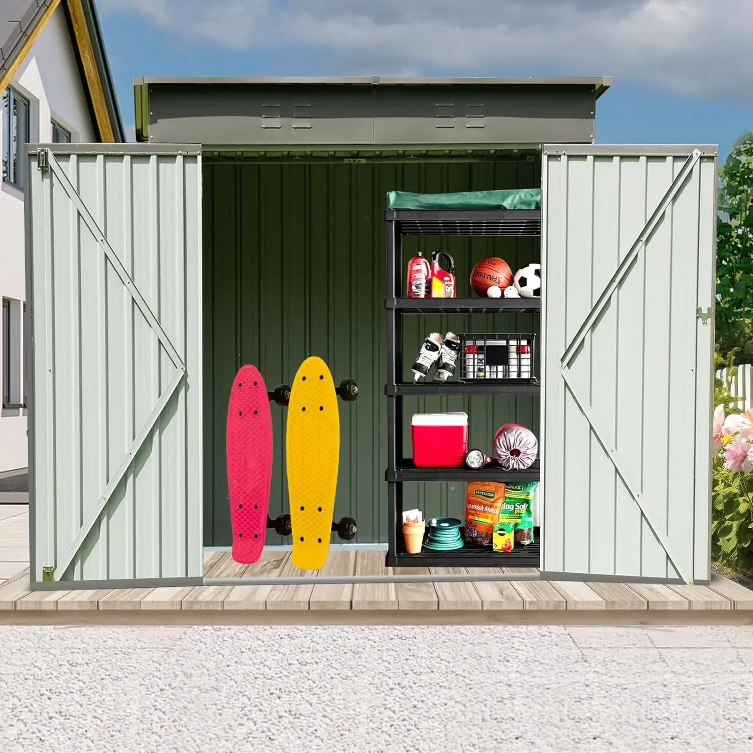 Outdoor Storage Shed 6x4FT, Steel Tool Garden Small Metal Sheds with Double Lockable Door,  Galvanized Steel Storage House