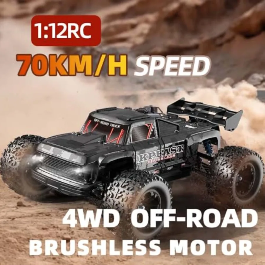 1:12 Fast RC Car 70KPH Brushless Motor for Adults, Waterproof Monster Trucks, 4WD High Speed RC Offroad Truck, 3 Batteries, KF1