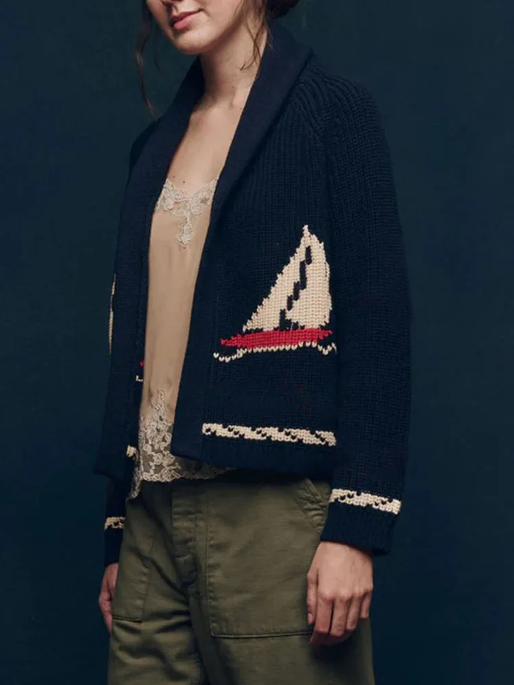 

Autumn Fashion Lapel Collar Knitted Outercoat Winter Women Casual Long Sleeve Loose Coats Vintage Print Loose Sweater Cardigan