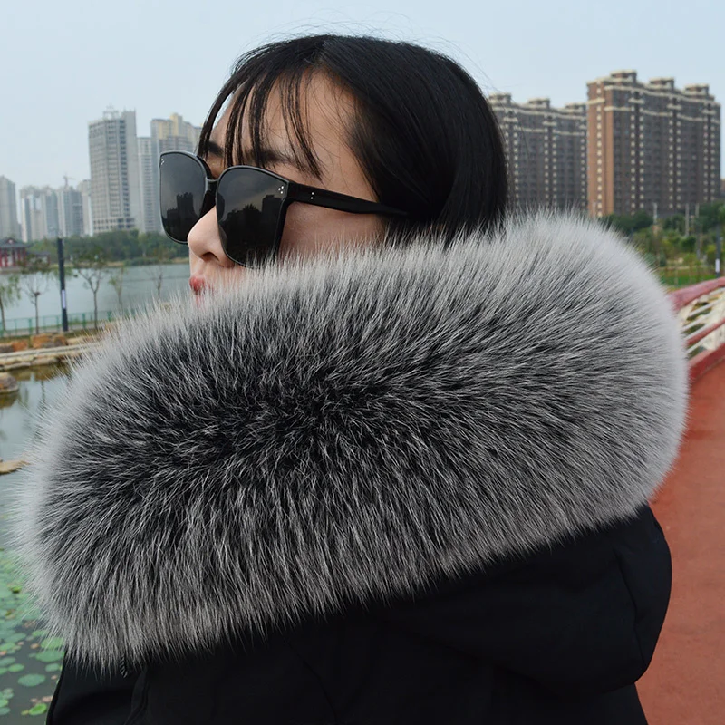 Large Furry Fur Collar for Women 100% Real fox Fur Scarf For Coat Winter Warm Fuzzy Decor Hood Trims Luxury 18cm Width Fur