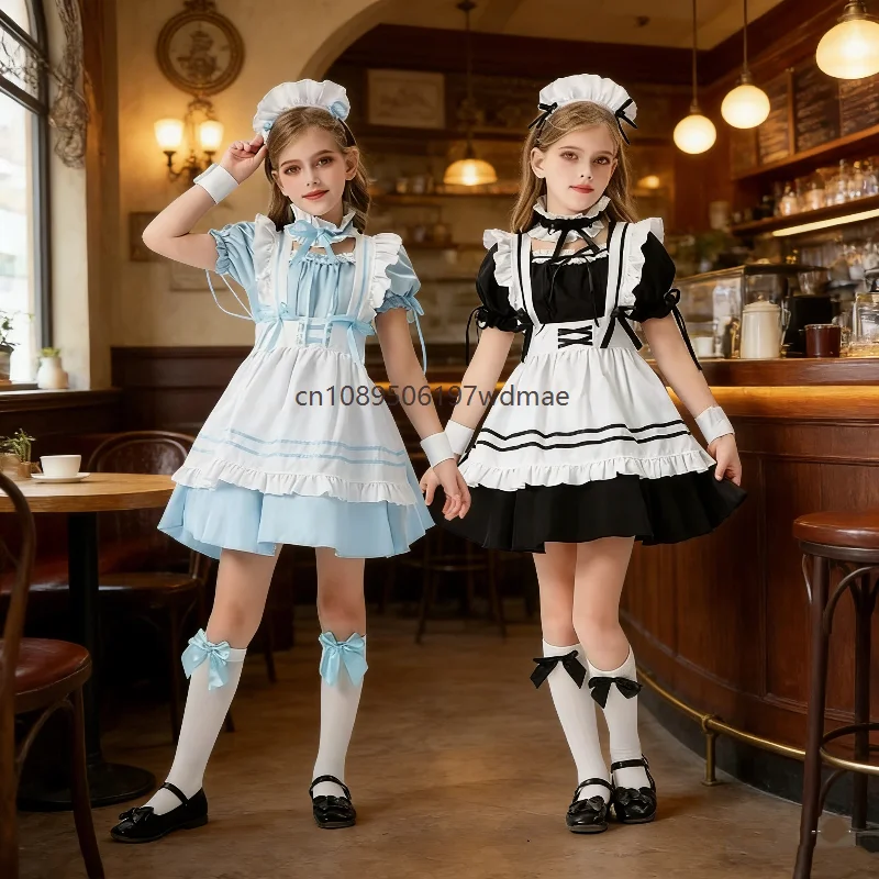 

Mädchen French Lolita Dresses Cosplay Cute Lovely Maid Apron Dress Short Sleeve Ruffle Headwear Neckwear Suit Party Stage Outfit