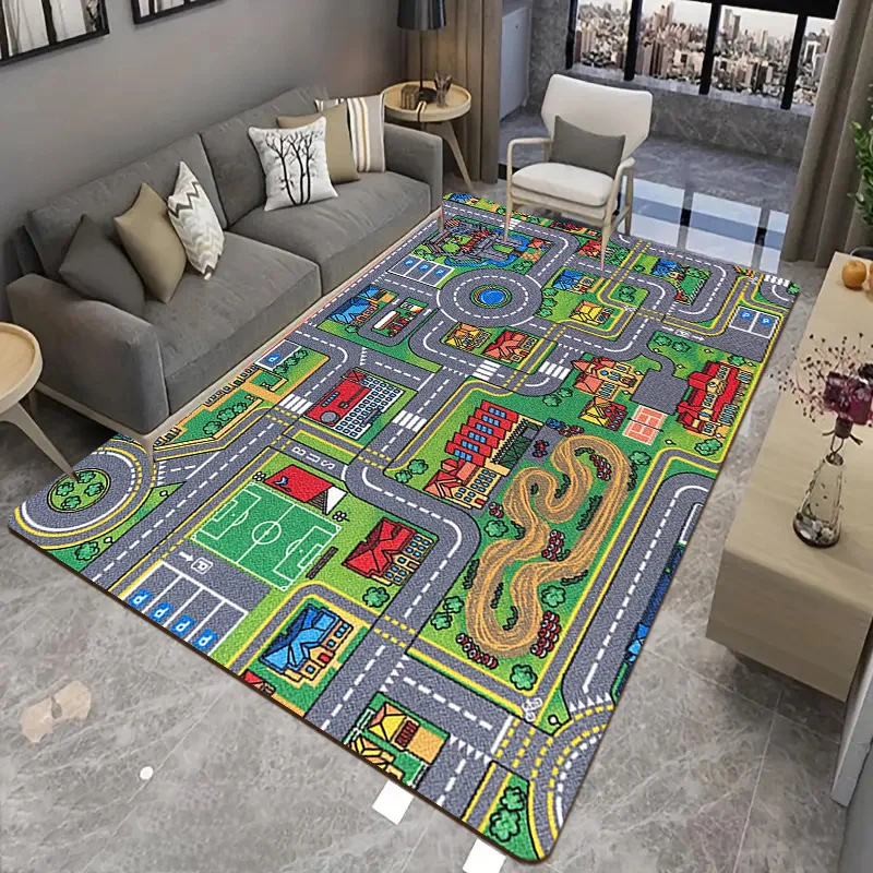 Kids City Traffic Road Map Play Mat Flannel Carpet Educational Game Rug for Children Bedroom Living Room Floor Decor