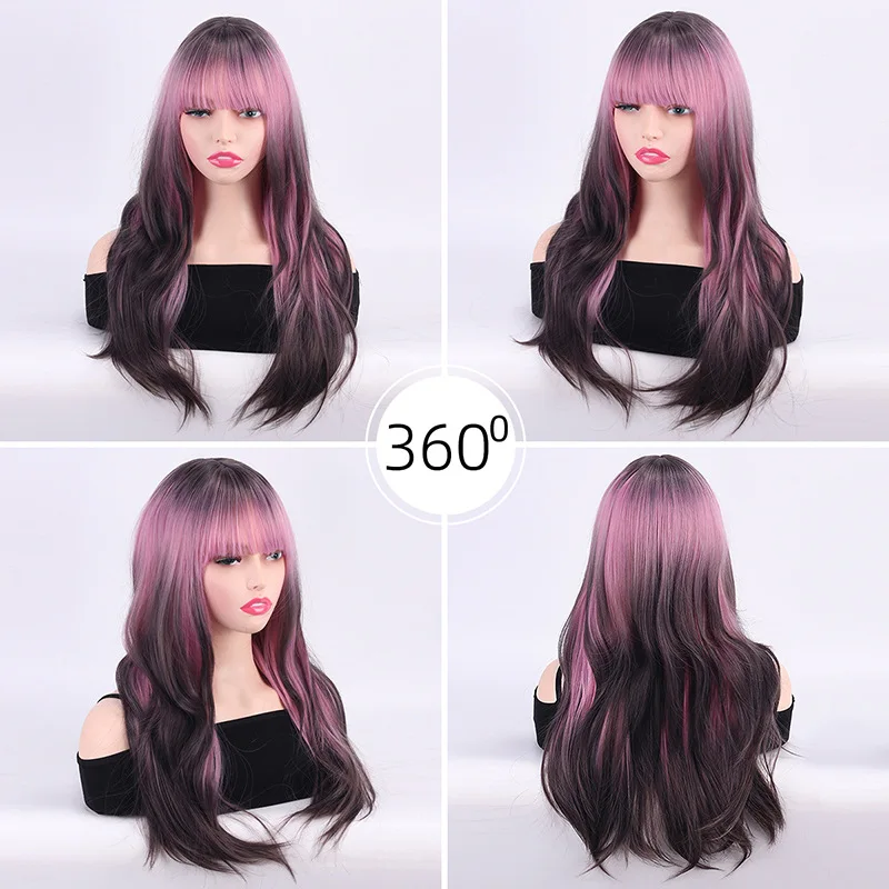 Cross border European and American wig with bangs, long curly hair, gradient purple full head set wig-Synthetic fiber wig