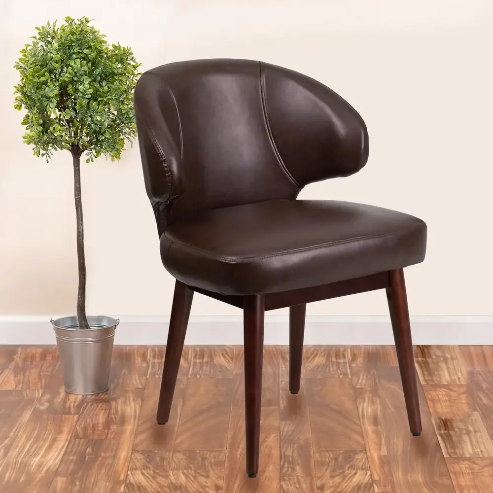 Contemporary Executive Brown LeatherSoft Reception Chair Walnut Frame Curved Back Design Foam Padding Adjustable Glides Upscale