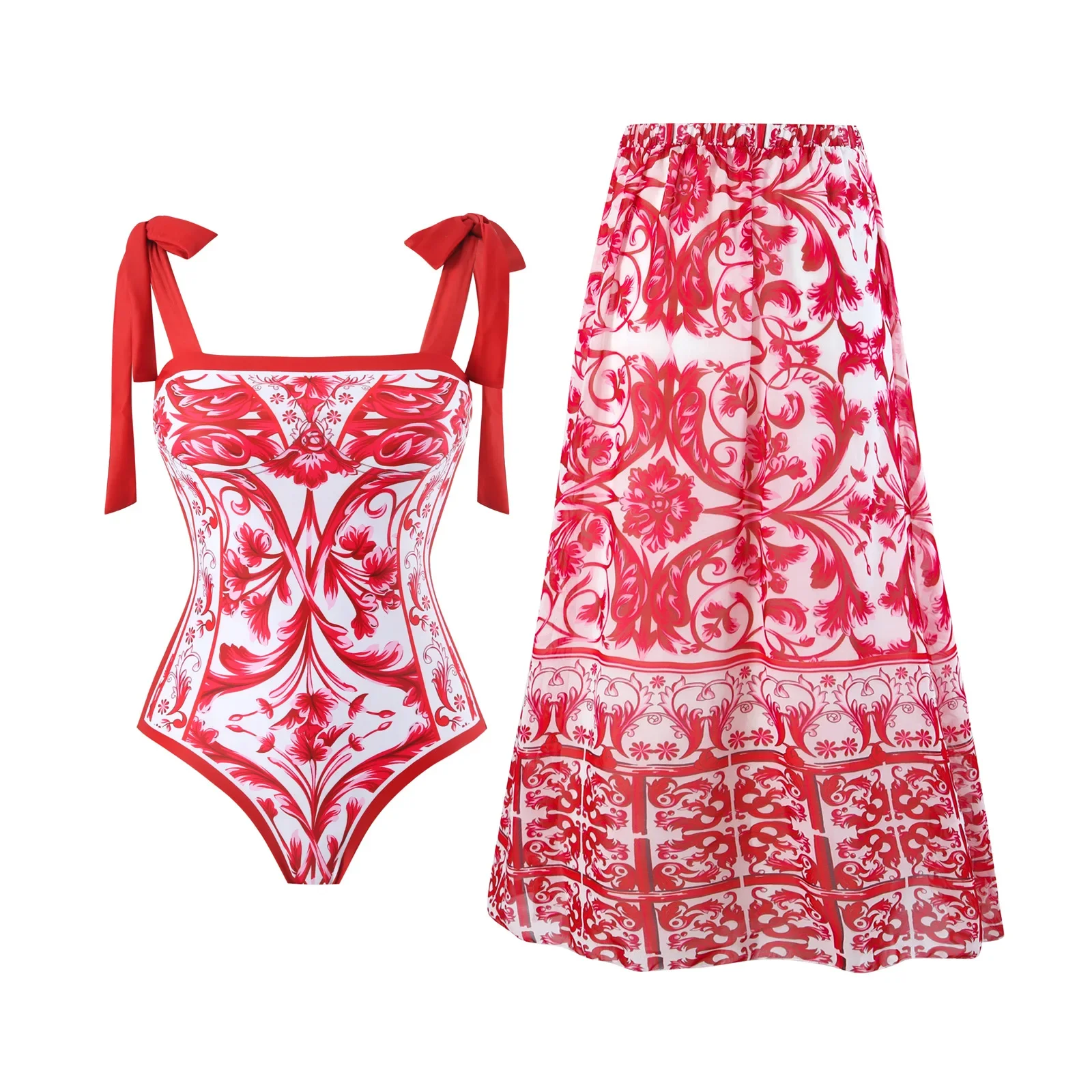 2025 Vintage Print One Piece Swimwear for Women with Beach Cover up Wrap Skirt Tummy Control Monokini Two-Piece Style