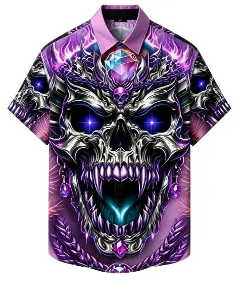 Men Gothic Purple Gem Skull Print Short Sleeve Shirt Lapel Collar Halloween Party Casual Tops