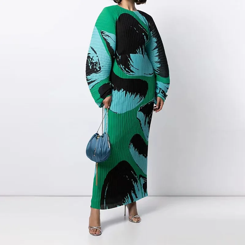 Miyake Pleated Print Dress Spring 2024 New Fashion High-End Foreign Design Loose Size Long Sleeve Dress For Women