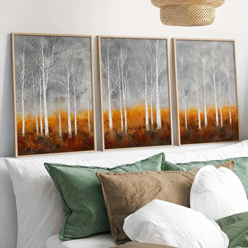 White Birch Forest Autumn Landscape Painting Calligraphy 3 PCS Canvas Wall Art Prints for Living Room Decor Modern Wall Decals