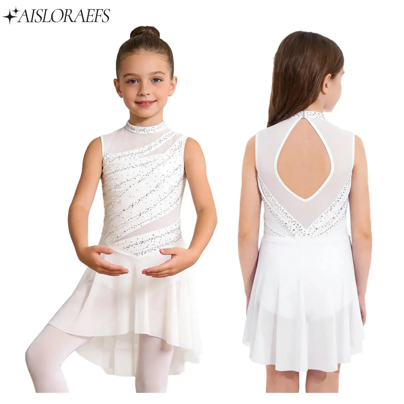 

Girls Sparkling Rhinestone Sheer Mesh Sleeveless Dress Lyrical Dance Outfit for Figure Skating Gymnastics Stage Performance Wear