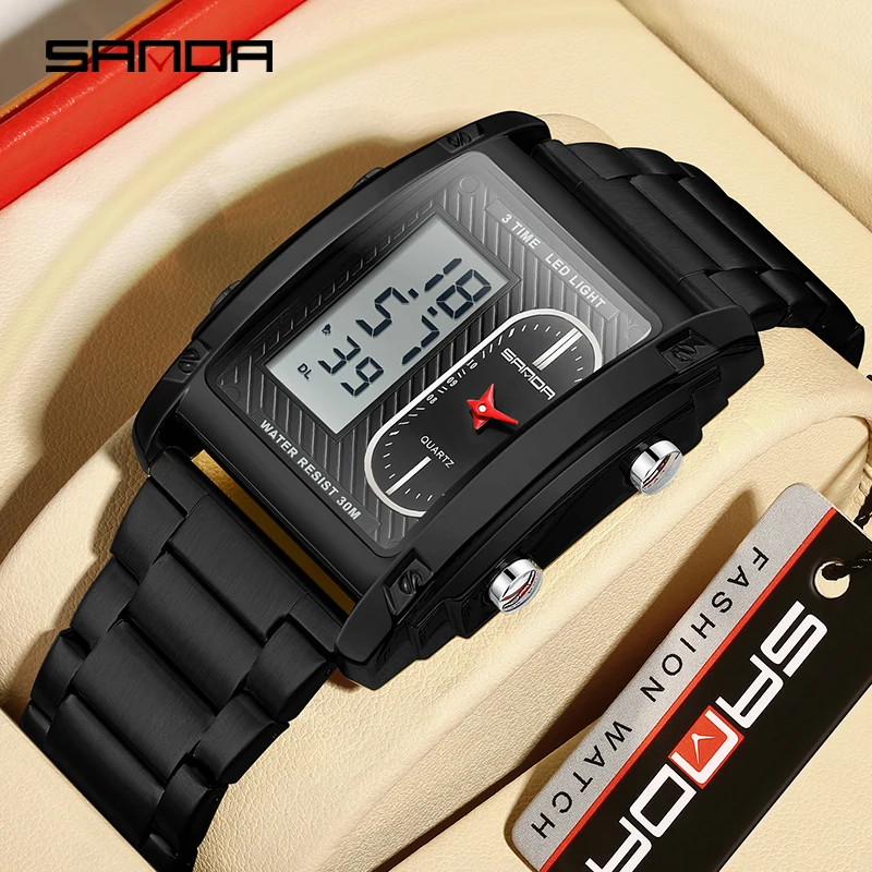 

SANDA Fashion Men Sports Watch Waterproof Trend Casual Outdoors Dual Display Quartz WristWatch Date Week Luminous Watch For Man