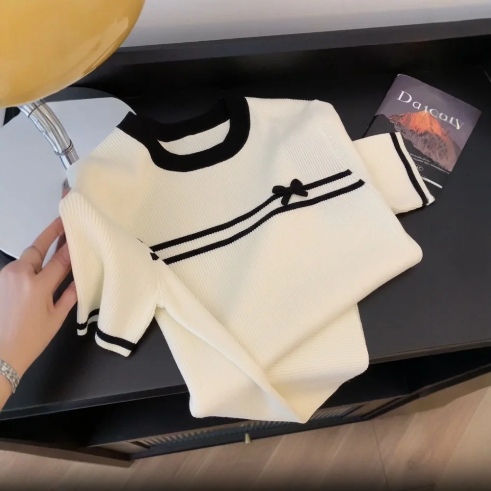 Verão feminino malha camiseta suéteres bowtie manga curta o-pescoço camisetas topos moda workwear elegante senhoras malhas jumpers 2025